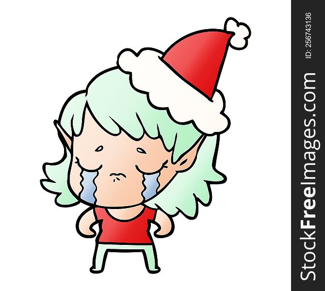 Gradient Cartoon Of A Crying Elf Girl Wearing Santa Hat