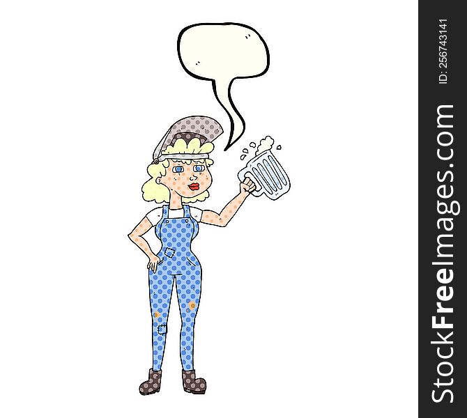 Comic Book Speech Bubble Cartoon Hard Working Woman With Beer