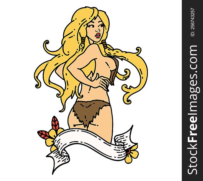 tattoo in traditional style of a pinup viking girl with banner. tattoo in traditional style of a pinup viking girl with banner