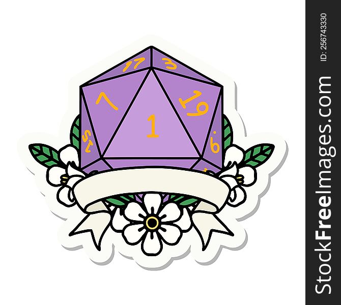 sticker of a natural one d20 dice roll. sticker of a natural one d20 dice roll
