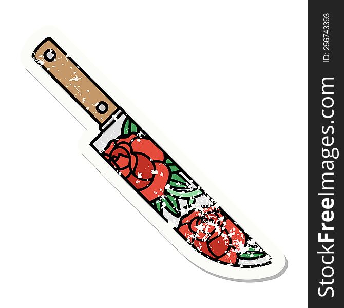 Traditional Distressed Sticker Tattoo Of A Dagger And Flowers