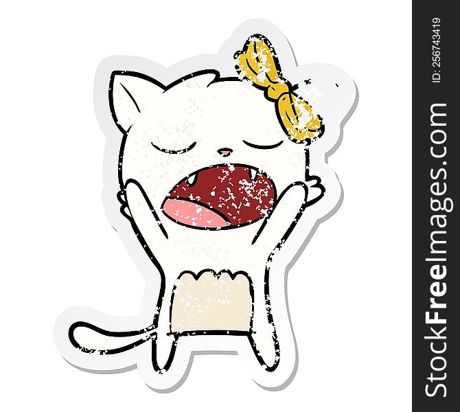 distressed sticker of a cartoon cat meowing