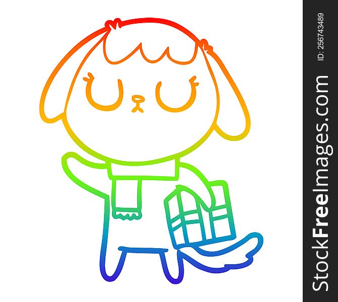 rainbow gradient line drawing of a cute cartoon dog with christmas present