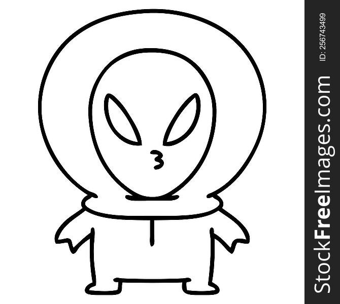 line doodle of a small alien looking thoughtful