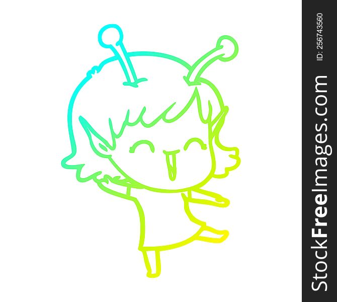 cold gradient line drawing of a cartoon alien girl laughing