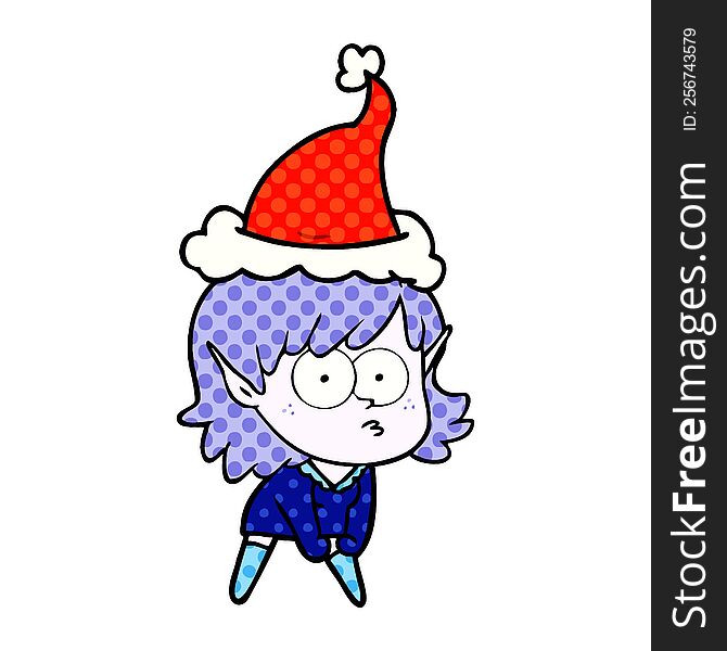 hand drawn comic book style illustration of a elf girl staring and crouching wearing santa hat