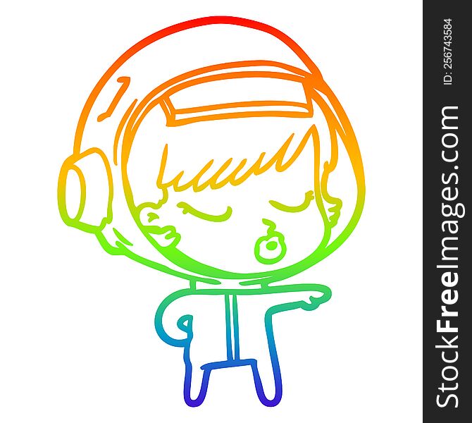 rainbow gradient line drawing of a cartoon pretty astronaut girl pointing the way
