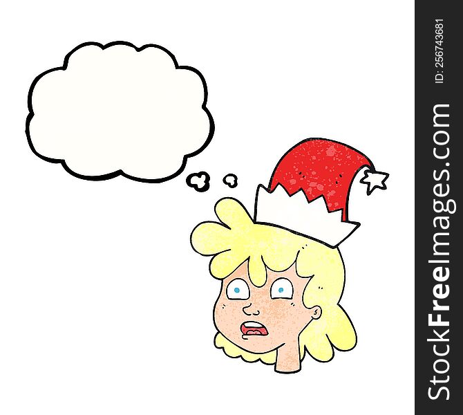 freehand drawn thought bubble textured cartoon stressed woman wearing santa hat. freehand drawn thought bubble textured cartoon stressed woman wearing santa hat