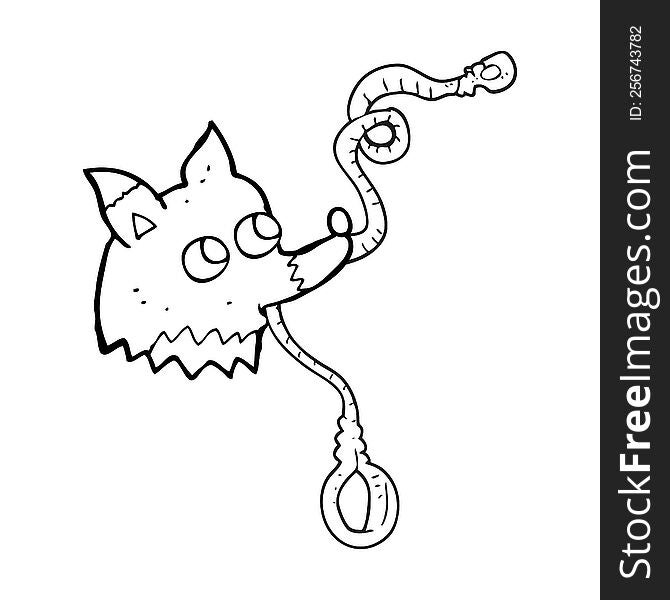 freehand drawn black and white cartoon dog with leash