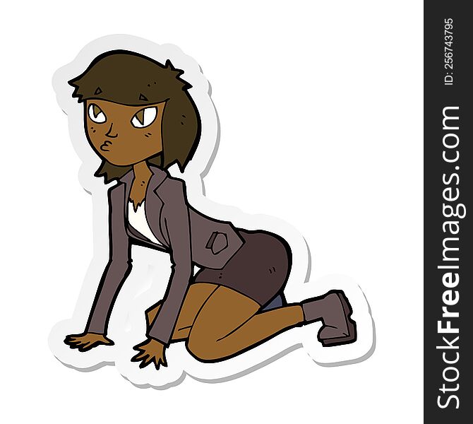 sticker of a cartoon woman on hands and knees