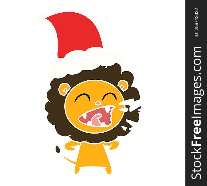 hand drawn flat color illustration of a roaring lion wearing santa hat