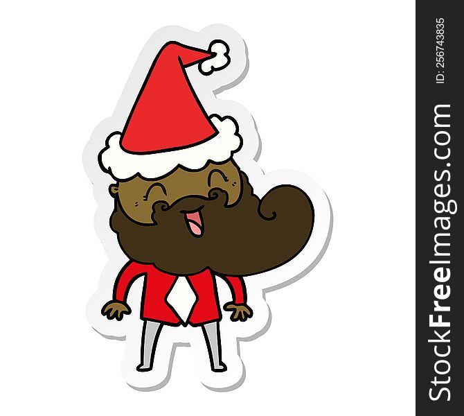 Hand Drawn Sticker Cartoon Of A Happy Bearded Man Wearing Santa Hat