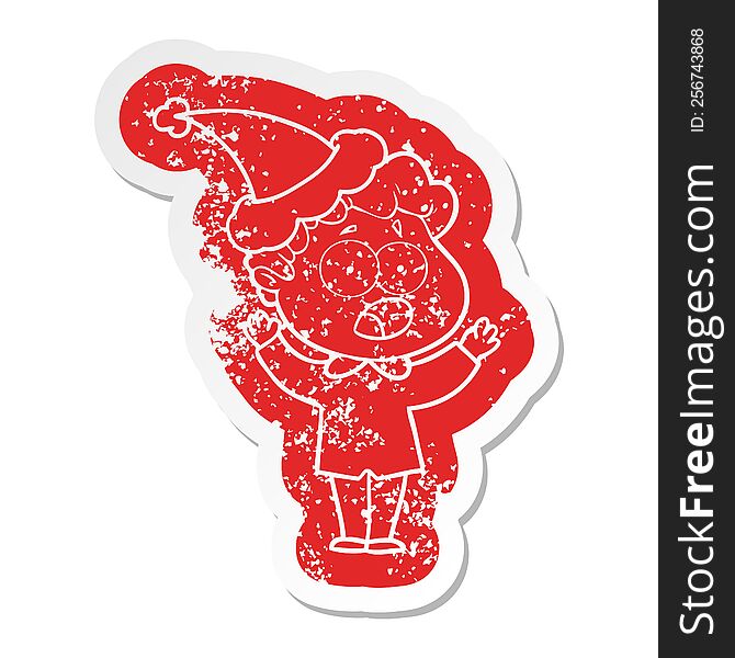 quirky cartoon distressed sticker of a man gasping in surprise wearing santa hat