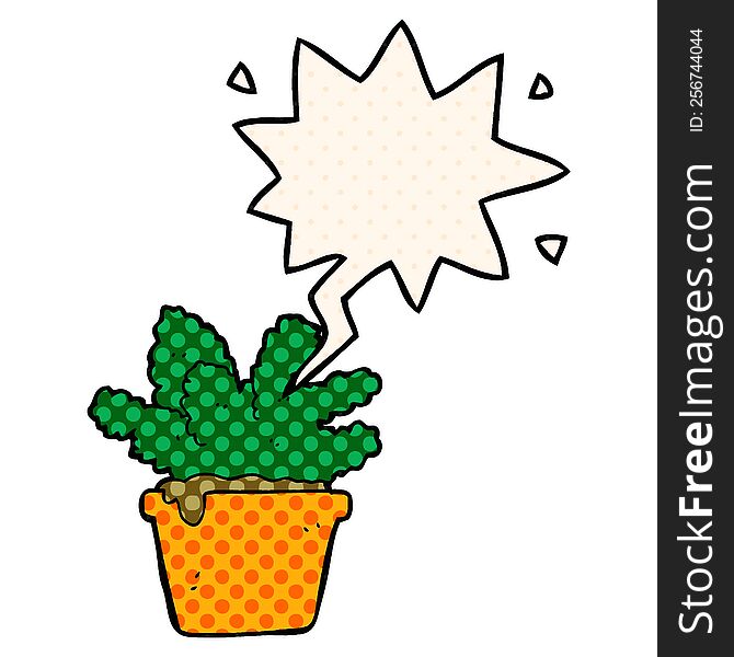 cartoon house plant with speech bubble in comic book style