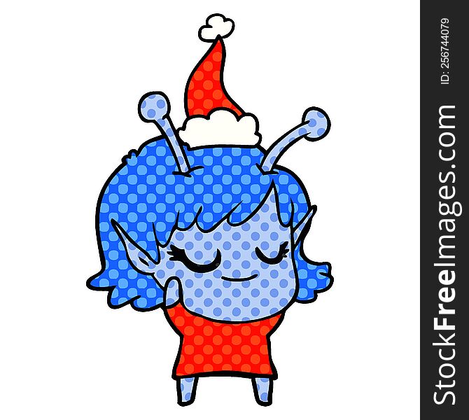 smiling alien girl hand drawn comic book style illustration of a wearing santa hat
