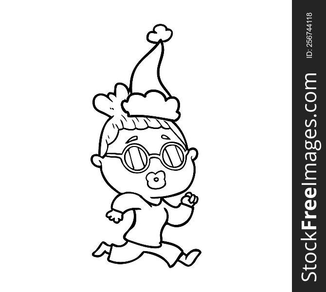 Line Drawing Of A Woman Wearing Spectacles Wearing Santa Hat