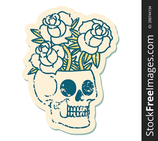 distressed sticker tattoo style icon of a skull and roses