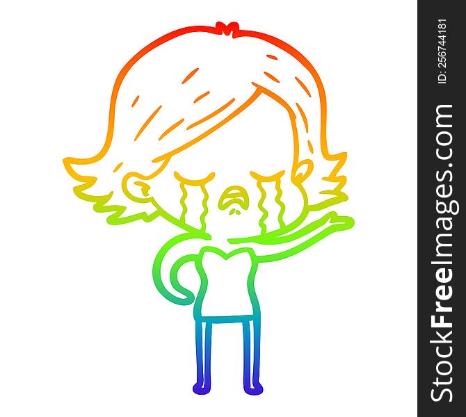 Rainbow Gradient Line Drawing Cartoon Girl Crying