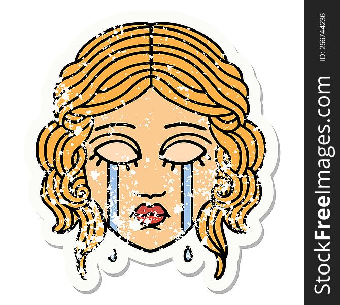 Traditional Distressed Sticker Tattoo Of Female Face Crying