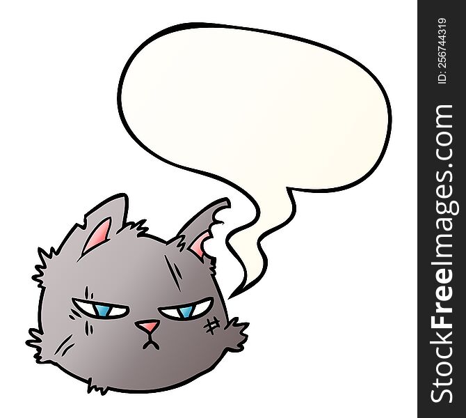 cartoon tough cat face with speech bubble in smooth gradient style