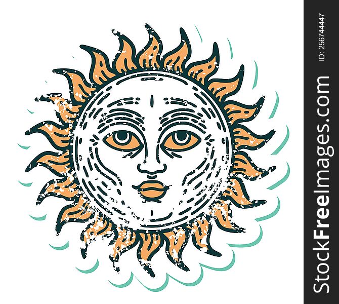 iconic distressed sticker tattoo style image of a sun with face. iconic distressed sticker tattoo style image of a sun with face