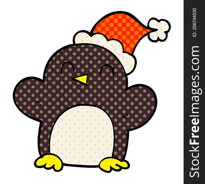 cartoon doodle penguin wearing christmas hat