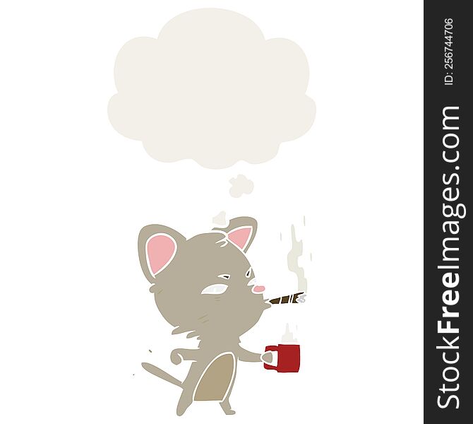 Cartoon Cat With Coffee And Cigar And Thought Bubble In Retro Style