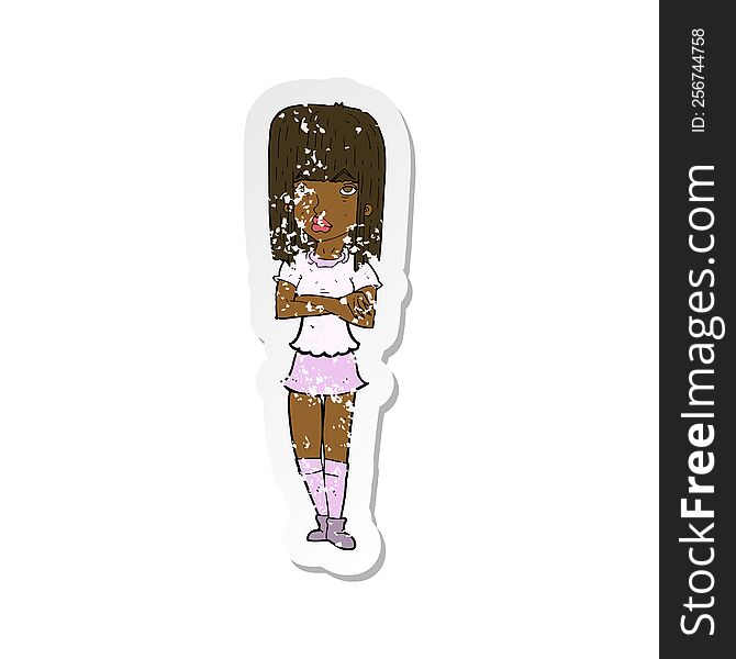 retro distressed sticker of a cartoon girl with crossed arms