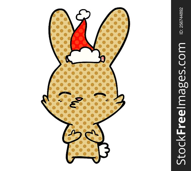 curious bunny hand drawn comic book style illustration of a wearing santa hat