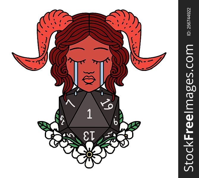 Crying Tiefling Character With Natural One D20 Dice Roll Illustration