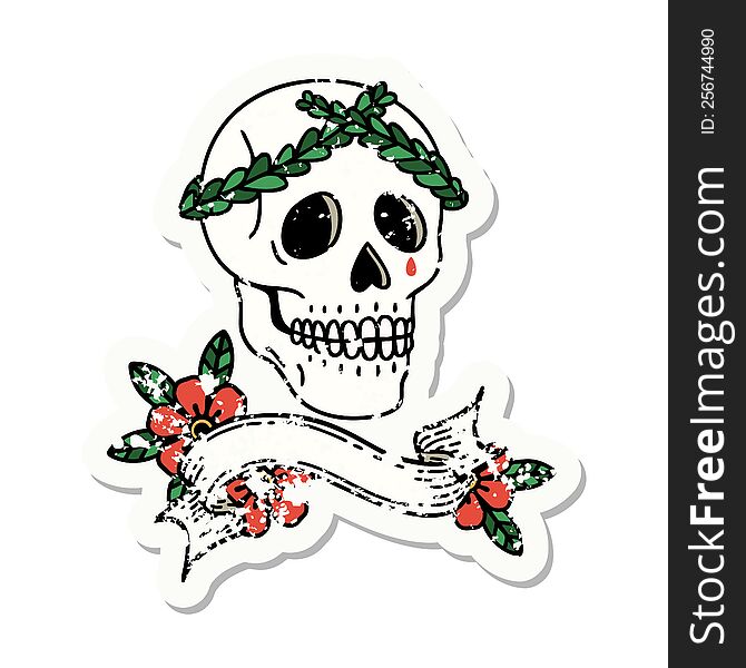 Grunge Sticker With Banner Of A Skull With Laurel Wreath Crown