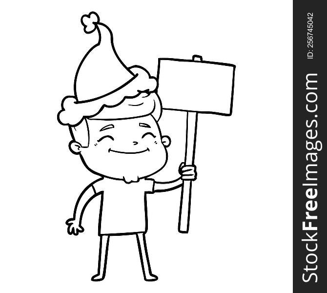 Happy Line Drawing Of A Man With Placard Wearing Santa Hat