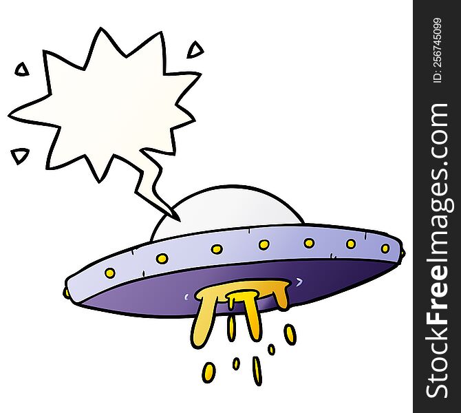 Cartoon Flying UFO And Speech Bubble In Smooth Gradient Style
