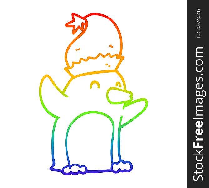 rainbow gradient line drawing of a cute cartoon christmas penguin