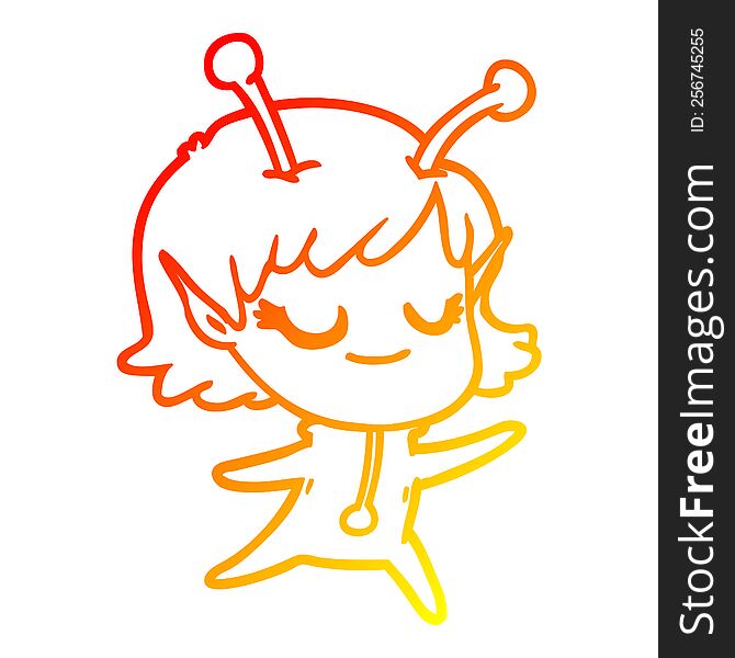 Warm Gradient Line Drawing Smiling Alien Girl Cartoon