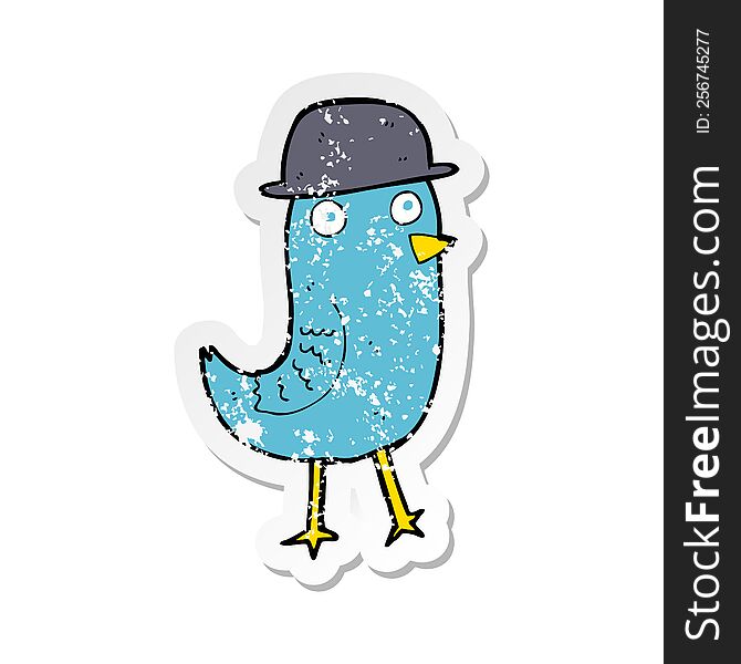 Retro Distressed Sticker Of A Cartoon Bluebird Wearing Hat