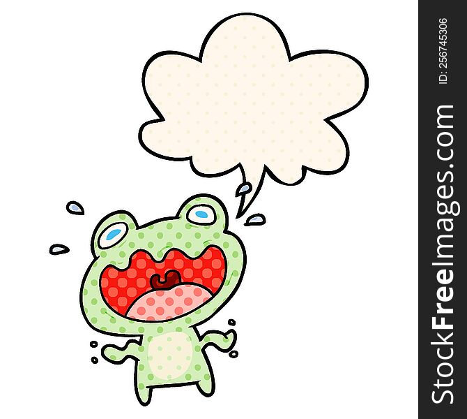 cute cartoon frog frightened with speech bubble in comic book style