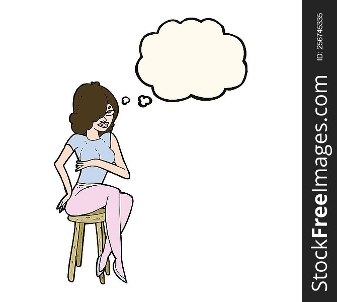 cartoon woman sitting on bar stool with thought bubble