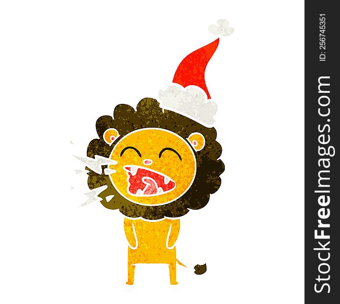 hand drawn retro cartoon of a roaring lion wearing santa hat