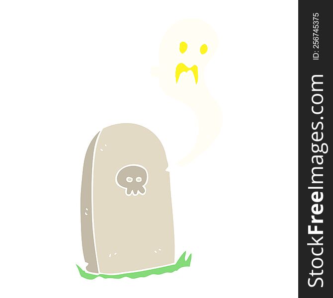 Flat Color Illustration Of A Cartoon Ghost Rising From Grave