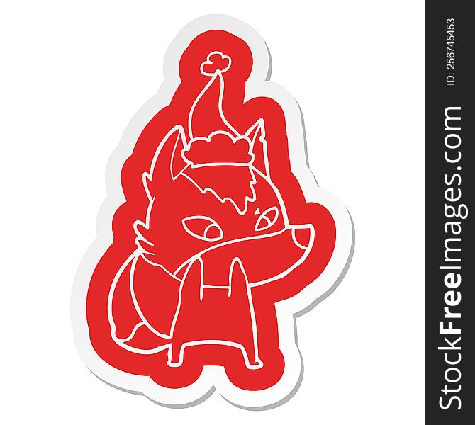 shy quirky cartoon  sticker of a wolf wearing santa hat