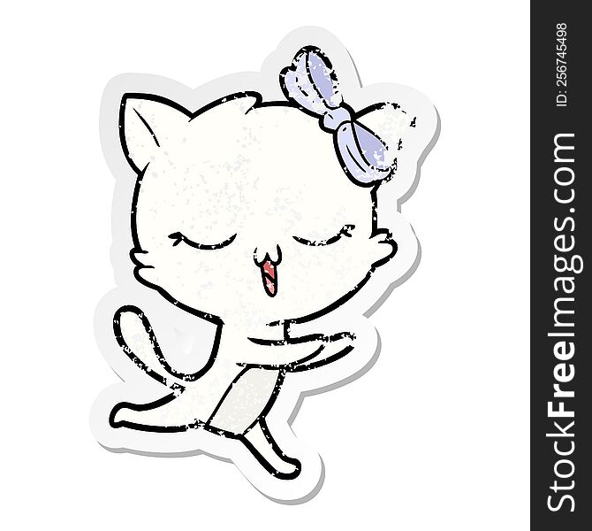 Distressed Sticker Of A Cartoon Cat With Bow On Head