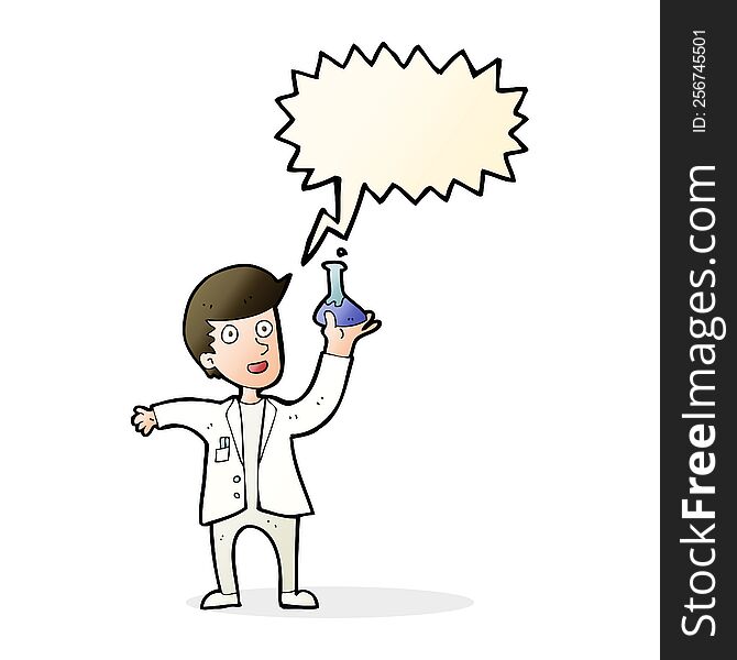 Cartoon Happy Scientist With Speech Bubble