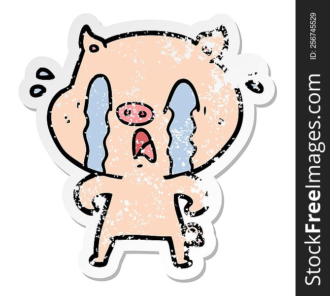 Distressed Sticker Of A Crying Pig Cartoon