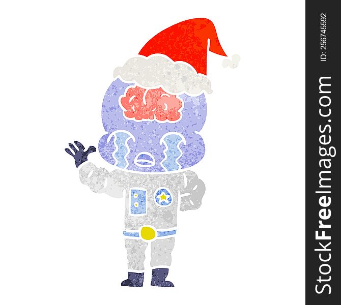 retro cartoon of a big brain alien crying wearing santa hat