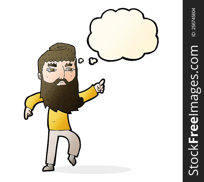 cartoon bearded man pointing the way with thought bubble