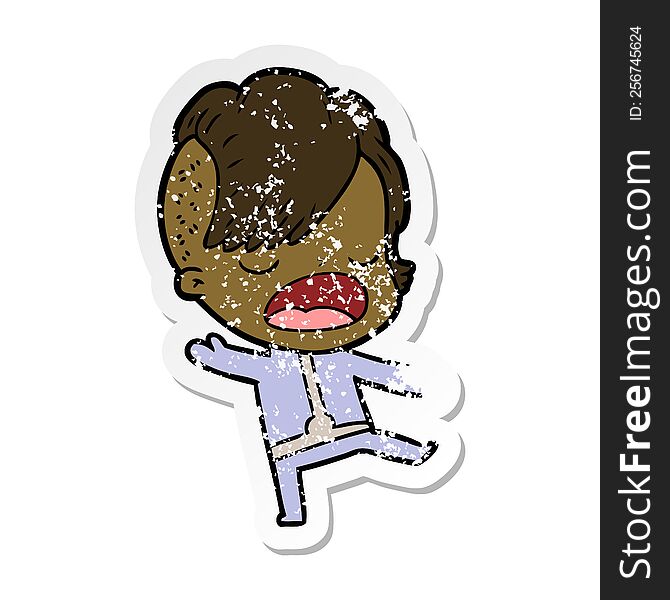distressed sticker of a cartoon cool hipster girl in space suit
