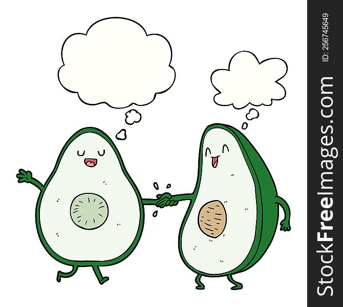 cartoon dancing avocados with thought bubble. cartoon dancing avocados with thought bubble