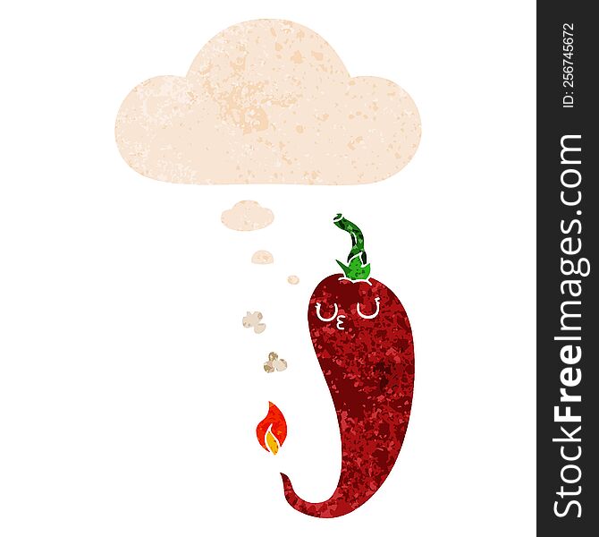 Cartoon Hot Chili Pepper And Thought Bubble In Retro Textured Style
