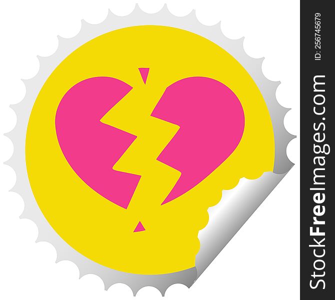 circular peeling sticker cartoon of a broken heart
